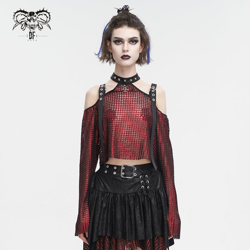Women's Gothic Off Shoulder Buckle Sheer Crop Top Red – Punk Design