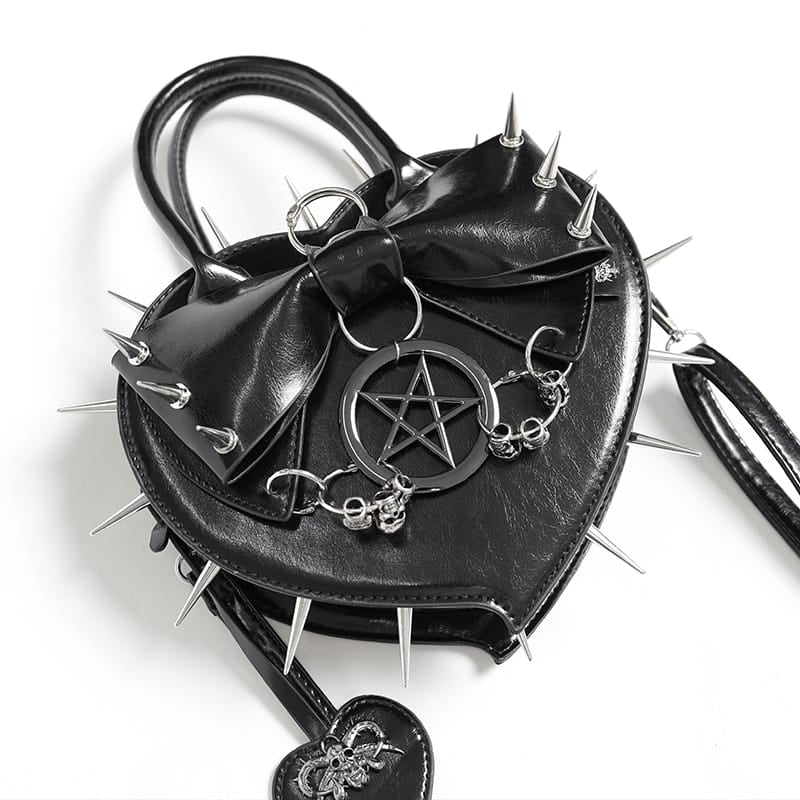 DEVIL FASHION Women's Gothic Pentacle Spiked Heart-Shaped Handbag Black