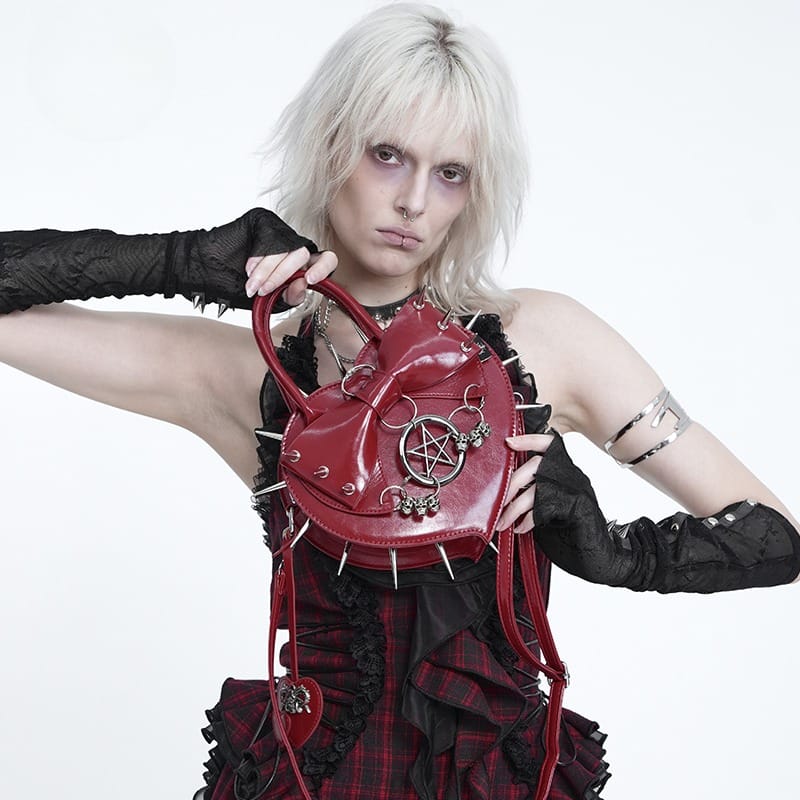 DEVIL FASHION Women's Gothic Pentacle Spiked Heart-Shaped Handbag Red