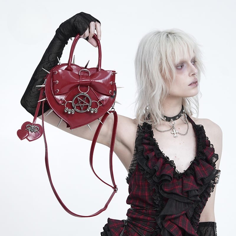 Women's Gothic Pentacle Spiked Heart-Shaped Handbag Red – Punk Design