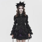 DEVIL FASHION Women's Gothic Pinstripe Drawstring Flared Sleeved Shirt Black