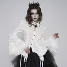 DEVIL FASHION Women's Gothic Pinstripe Drawstring Flared Sleeved Shirt White