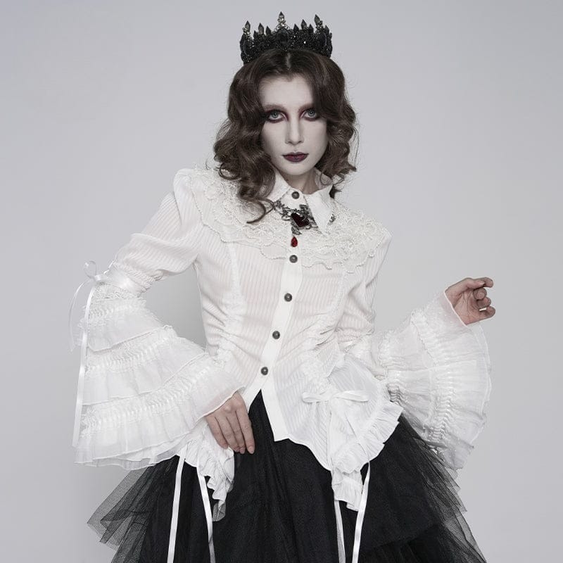 DEVIL FASHION Women's Gothic Pinstripe Drawstring Flared Sleeved Shirt White