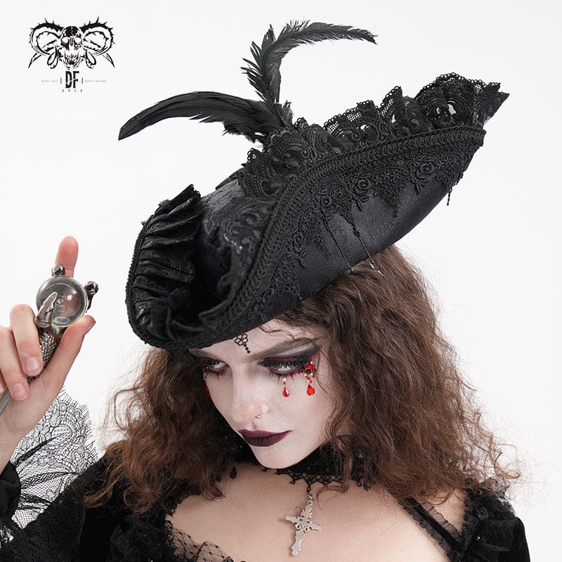 DEVIL FASHION Women's Gothic Plumed Lace Mesh Hats