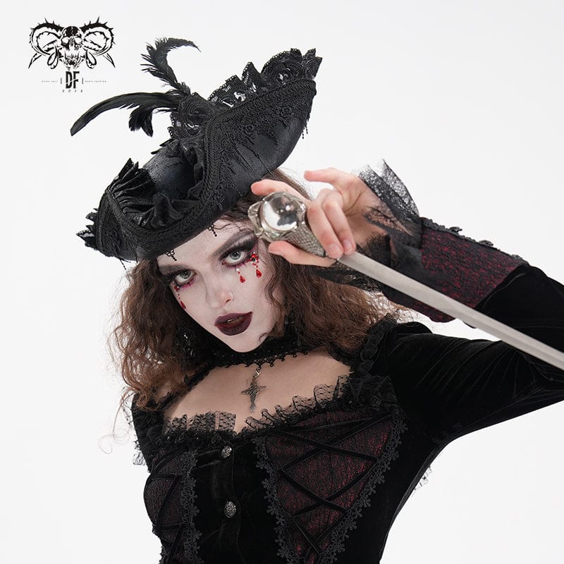 DEVIL FASHION Women's Gothic Plumed Lace Mesh Hats