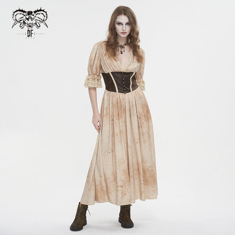 DEVIL FASHION Women's Gothic Plunging Puff SLeeved Lace Hem Dress