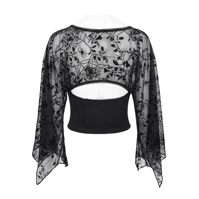 DEVIL FASHION Women's Gothic Plunging V-Neck Floral Mesh Bell Sleeve Top