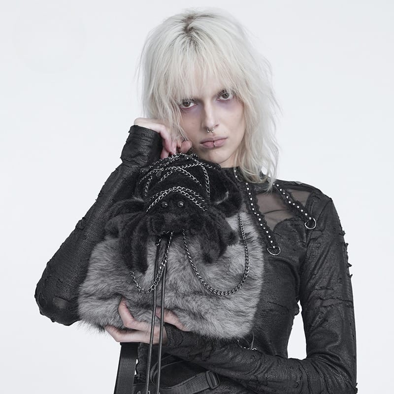 DEVIL FASHION Women's Gothic Plush Chains Spider Backpack Grey-Black