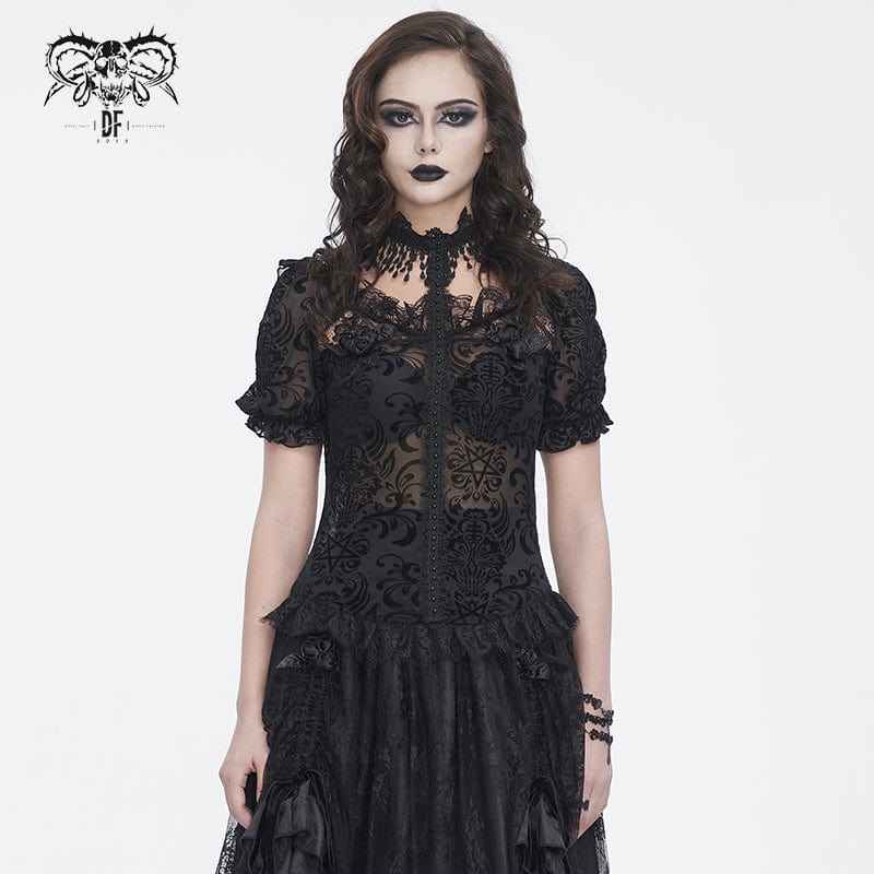 DEVIL FASHION Women's Gothic Puff Sleeved Flocking Mesh Sheer Shirt