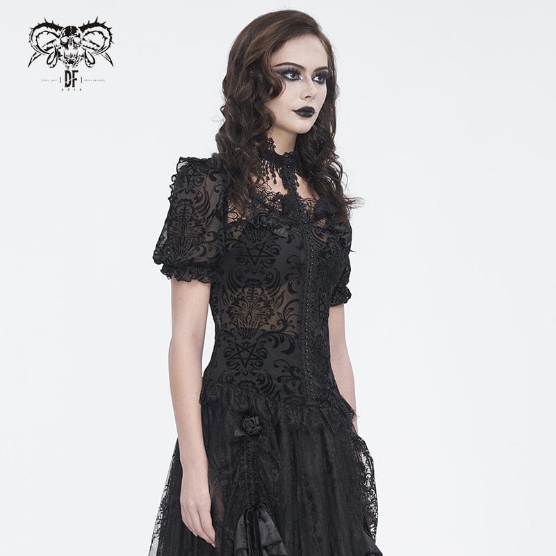 DEVIL FASHION Women's Gothic Puff Sleeved Flocking Mesh Sheer Shirt