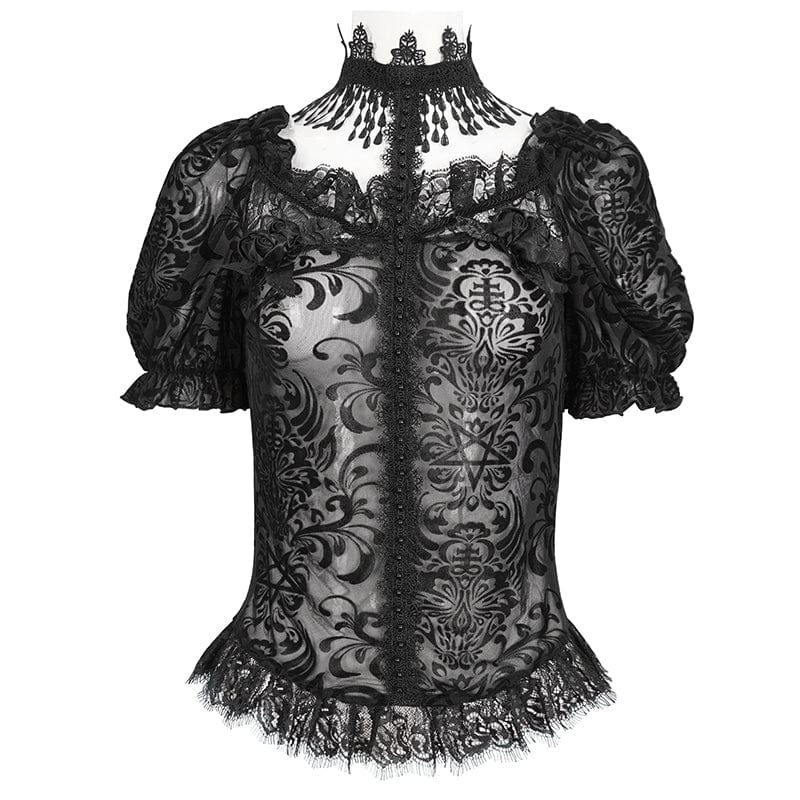 DEVIL FASHION Women's Gothic Puff Sleeved Flocking Mesh Sheer Shirt