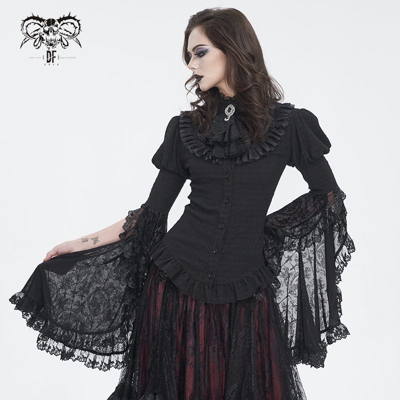 DEVIL FASHION Women's Gothic Puff Sleeved Ruffled Shirt with Detached Neckwear