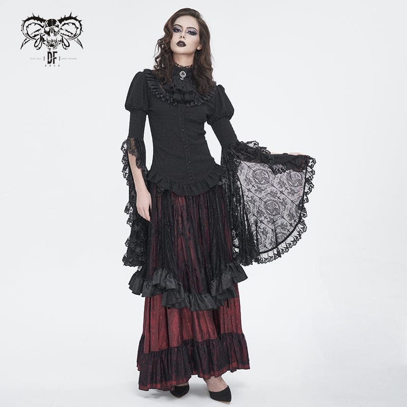 DEVIL FASHION Women's Gothic Puff Sleeved Ruffled Shirt with Detached Neckwear