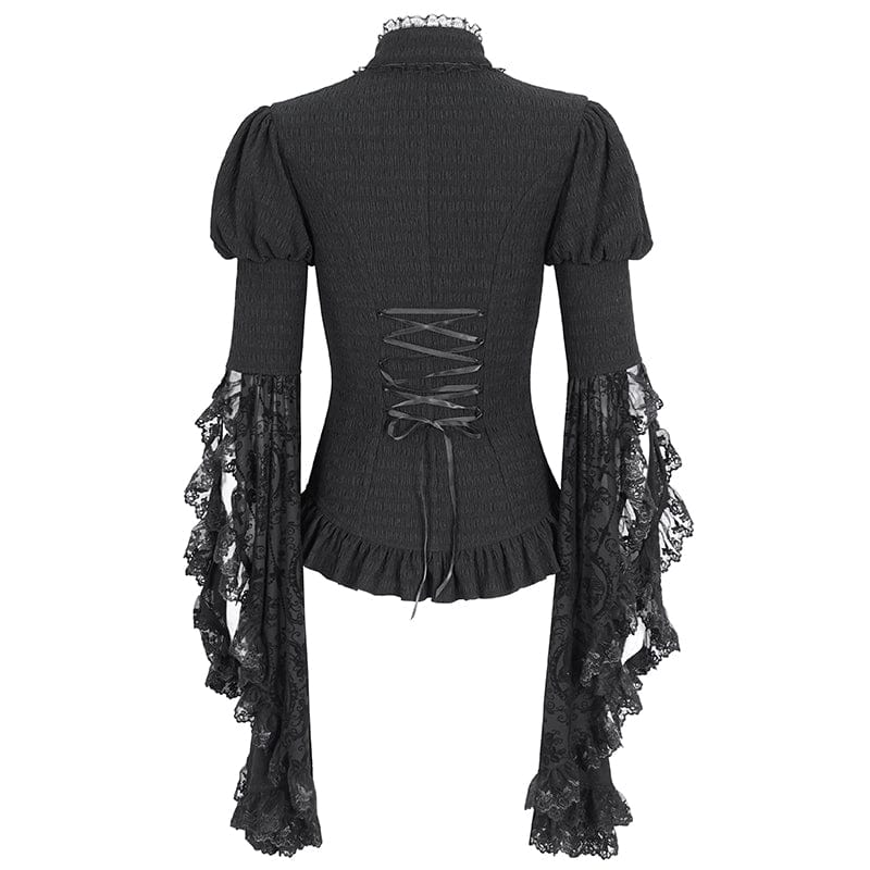 DEVIL FASHION Women's Gothic Puff Sleeved Ruffled Shirt with Detached Neckwear