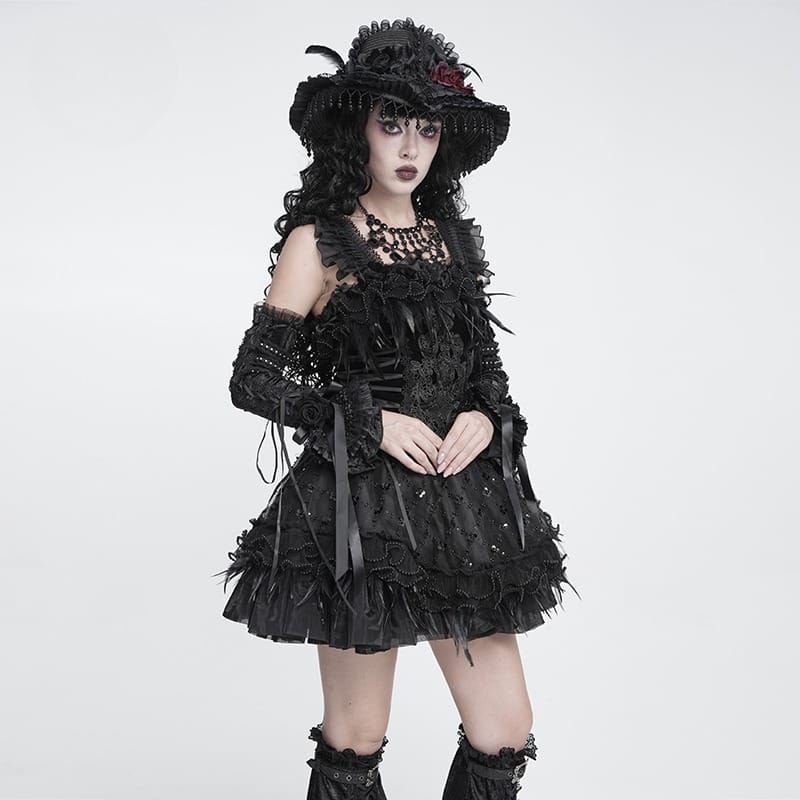 DEVIL FASHION Women's Gothic Rose Bowknot Lace-up Arm Sleeves Black
