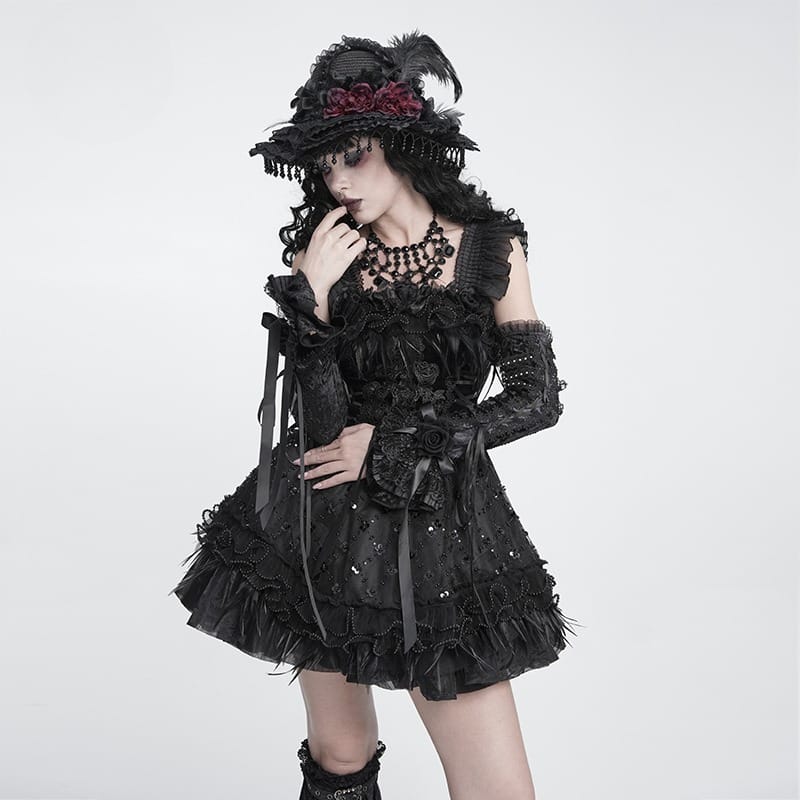 DEVIL FASHION Women's Gothic Rose Bowknot Lace-up Arm Sleeves Black