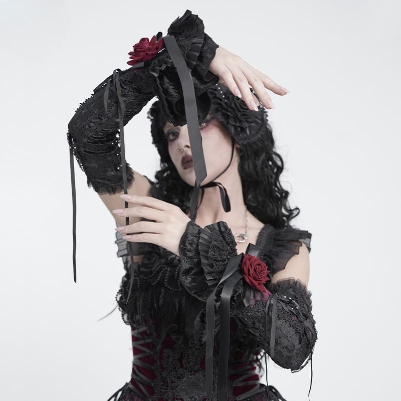 DEVIL FASHION Women's Gothic Rose Bowknot Lace-up Arm Sleeves Black-Red