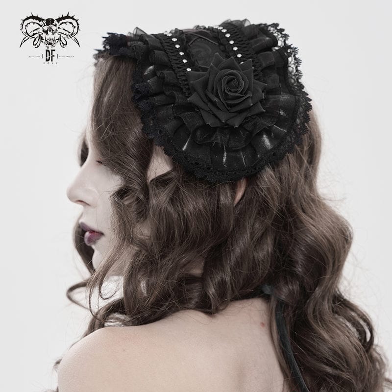 DEVIL FASHION Women's Gothic Rose Lace Ruffled  Headwear Black