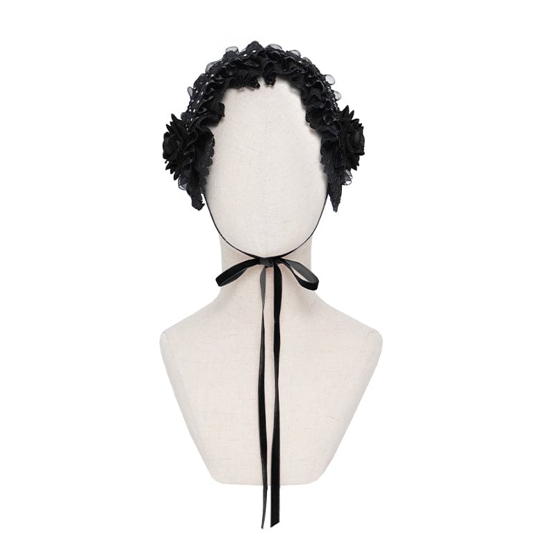 DEVIL FASHION Women's Gothic Rose Lace Ruffled  Headwear Black