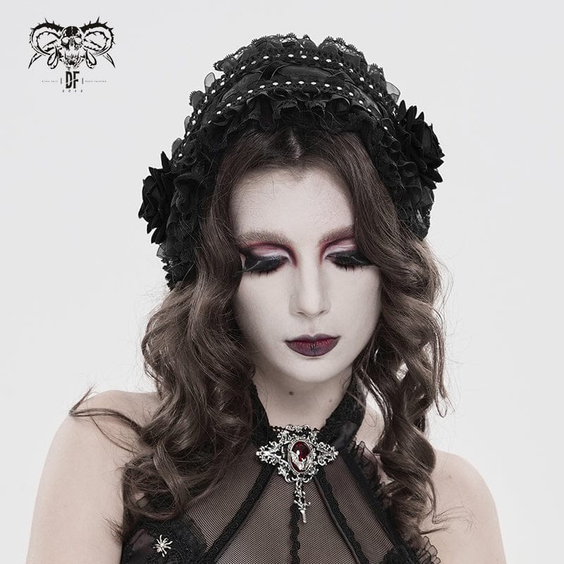 DEVIL FASHION Women's Gothic Rose Lace Ruffled  Headwear Black