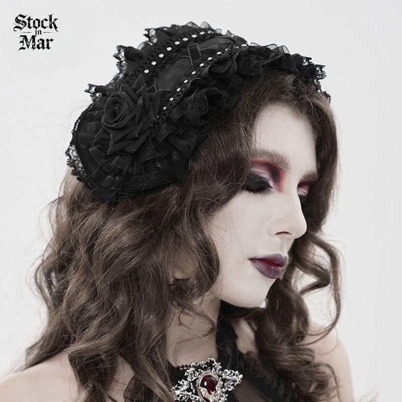 DEVIL FASHION Women's Gothic Rose Lace Ruffled  Headwear Black