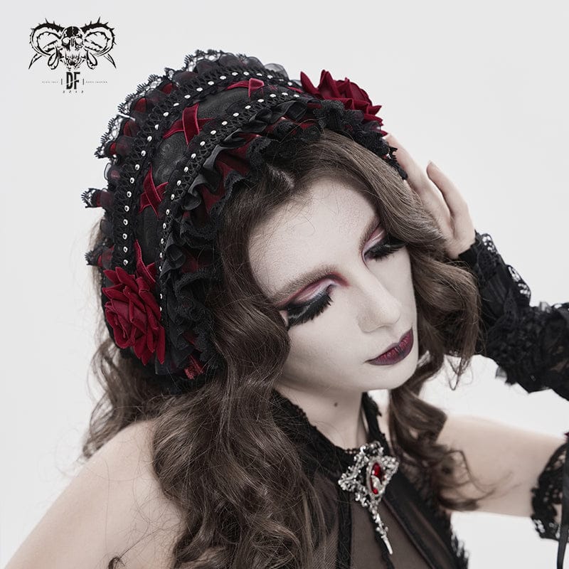 DEVIL FASHION Women's Gothic Rose Lace Ruffled  Headwear Black-Red