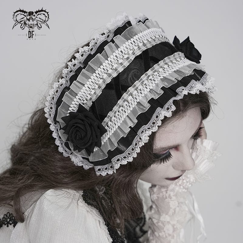 DEVIL FASHION Women's Gothic Rose Lace Ruffled  Headwear Black-White