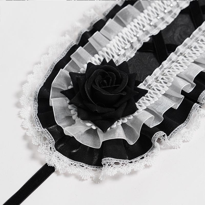 DEVIL FASHION Women's Gothic Rose Lace Ruffled  Headwear Black-White