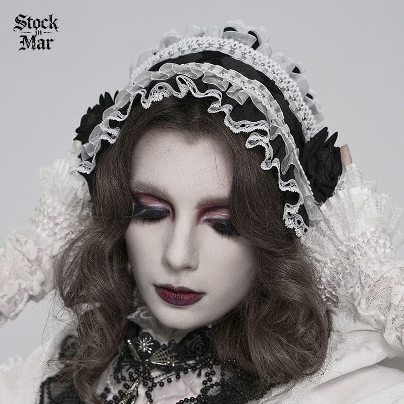 DEVIL FASHION Women's Gothic Rose Lace Ruffled  Headwear Black-White