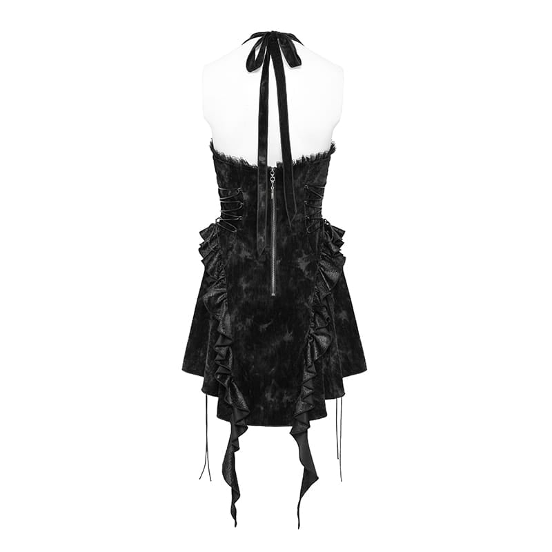 DEVIL FASHION Women's Gothic Ruffle Plunging V-Neck Halter Dress