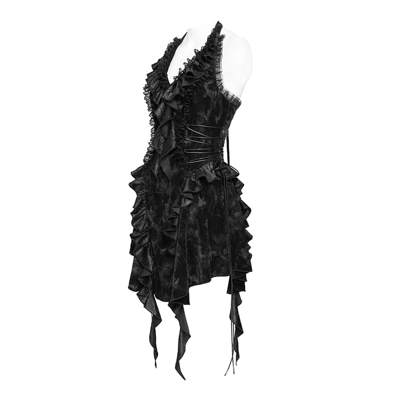DEVIL FASHION Women's Gothic Ruffle Plunging V-Neck Halter Dress