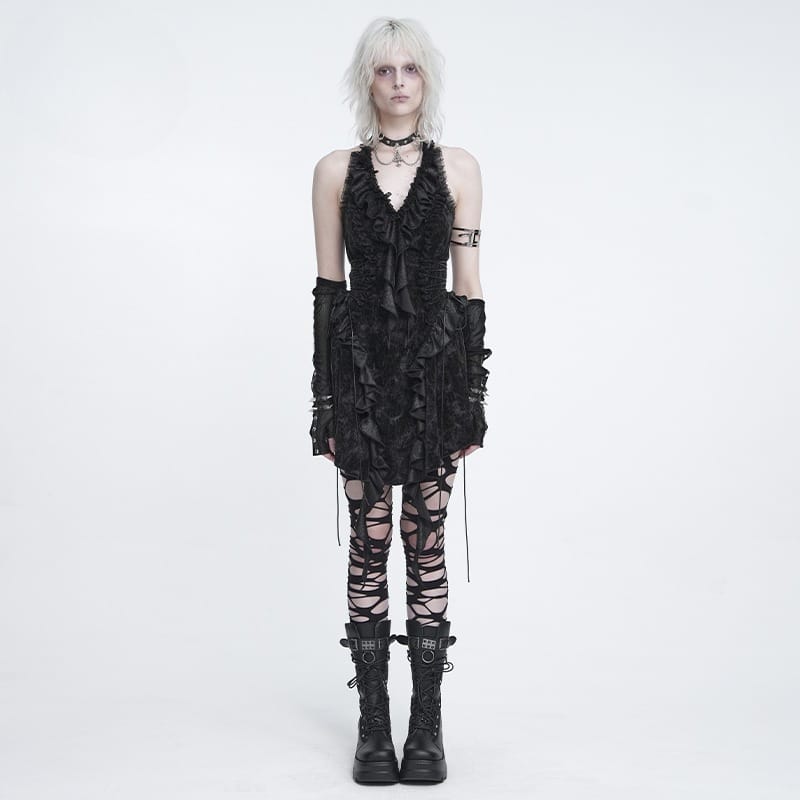 DEVIL FASHION Women's Gothic Ruffle Plunging V-Neck Halter Dress