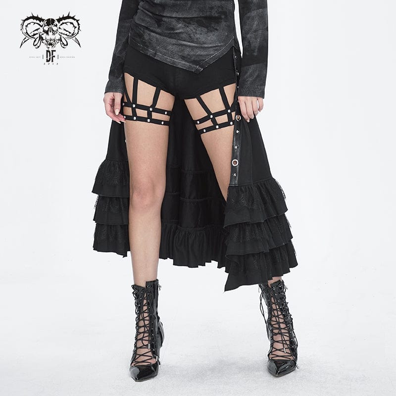 DEVIL FASHION Women's Gothic Ruffled Buckle Long Overskirts
