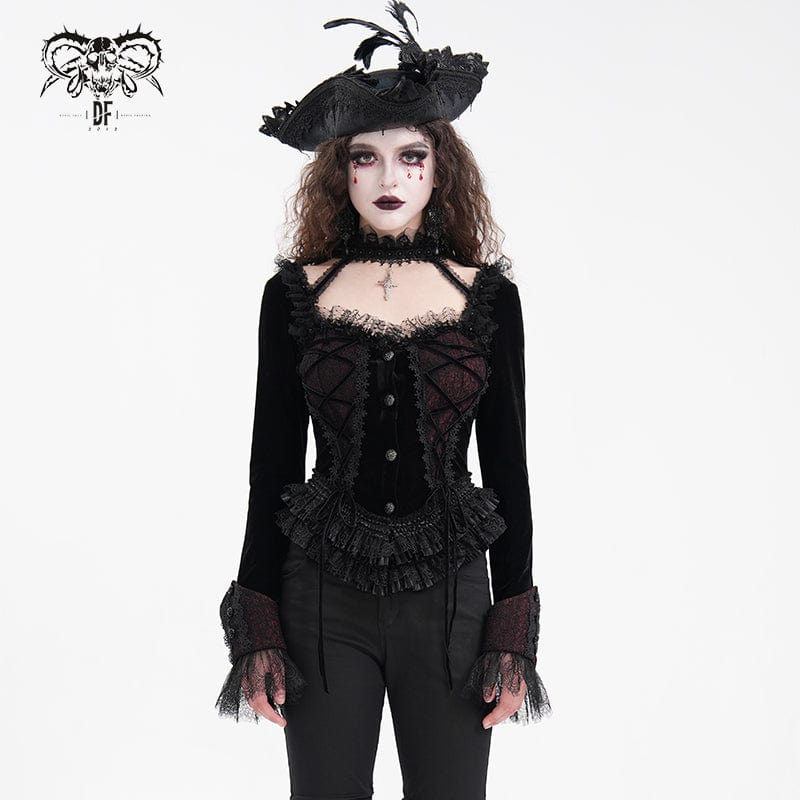 DEVIL FASHION Women's Gothic Ruffled Mesh Lace-up Long Sleeved Shirts