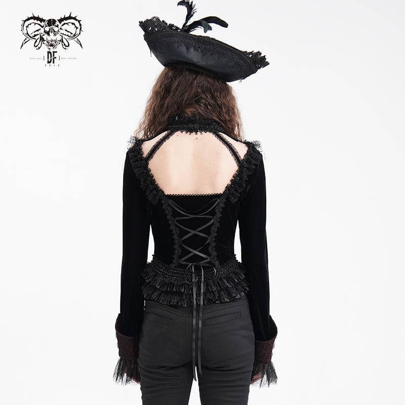 DEVIL FASHION Women's Gothic Ruffled Mesh Lace-up Long Sleeved Shirts