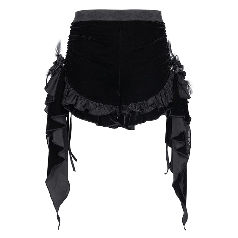 DEVIL FASHION Women's Gothic Ruffled Mesh Plumed Shorts