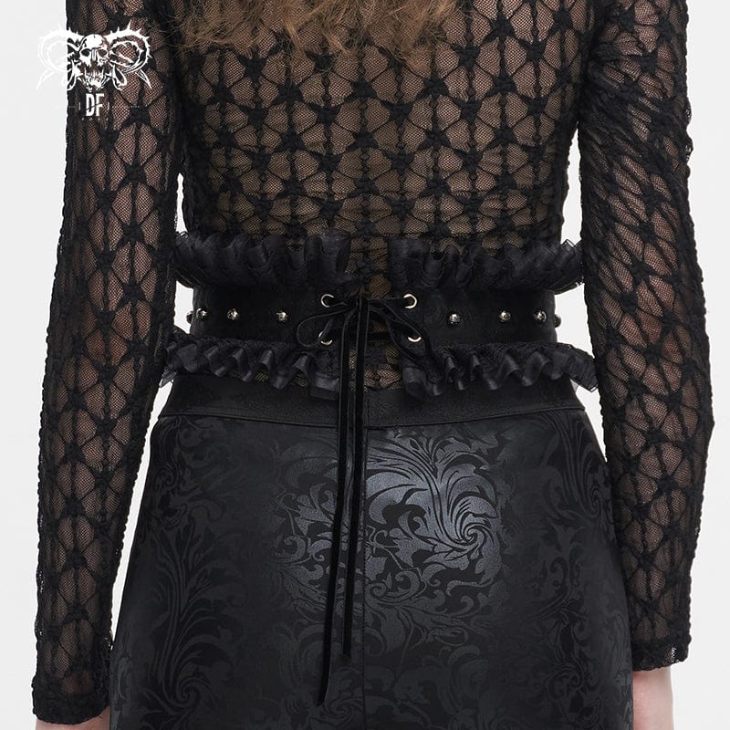 DEVIL FASHION Women's Gothic Ruffled Mesh Splice Faux Leather Belt