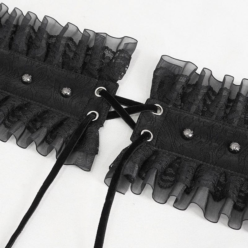 DEVIL FASHION Women's Gothic Ruffled Mesh Splice Faux Leather Belt