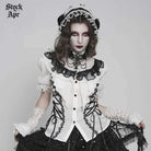 DEVIL FASHION Women's Gothic Ruffled Stand Collar Puff Short Sleeved Shirt Black-White