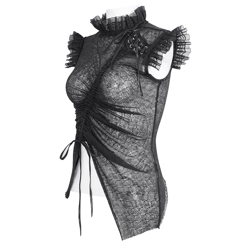 DEVIL FASHION Women's Gothic Sheer Lace-Up Mesh Ruffled Top
