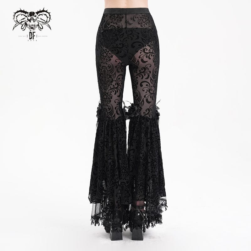 DEVIL FASHION Women's Gothic Sheer Mesh Tassels Lace Pants