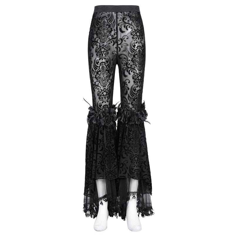 DEVIL FASHION Women's Gothic Sheer Mesh Tassels Lace Pants