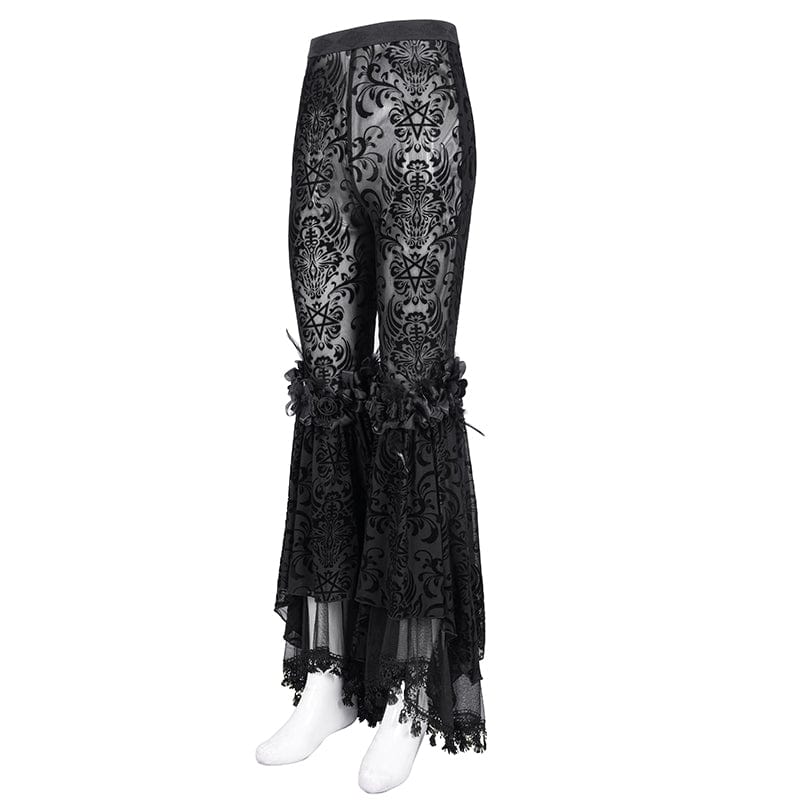 DEVIL FASHION Women's Gothic Sheer Mesh Tassels Lace Pants