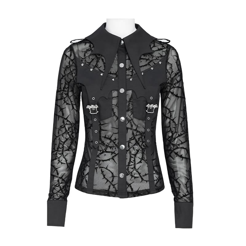 DEVIL FASHION Women's Gothic Sheer Thorny Vine Print Bat Wing Collar Long Sleeve Shirt