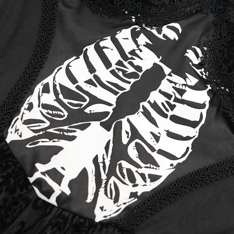 DEVIL FASHION Women's Gothic Skeleton Printed Lace Splice Halterneck Witch Dress Black