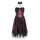 DEVIL FASHION Women's Gothic Skeleton Printed Lace Splice Halterneck Witch Dress Red