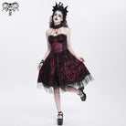 DEVIL FASHION Women's Gothic Skeleton Printed Lace Splice Halterneck Witch Dress Red