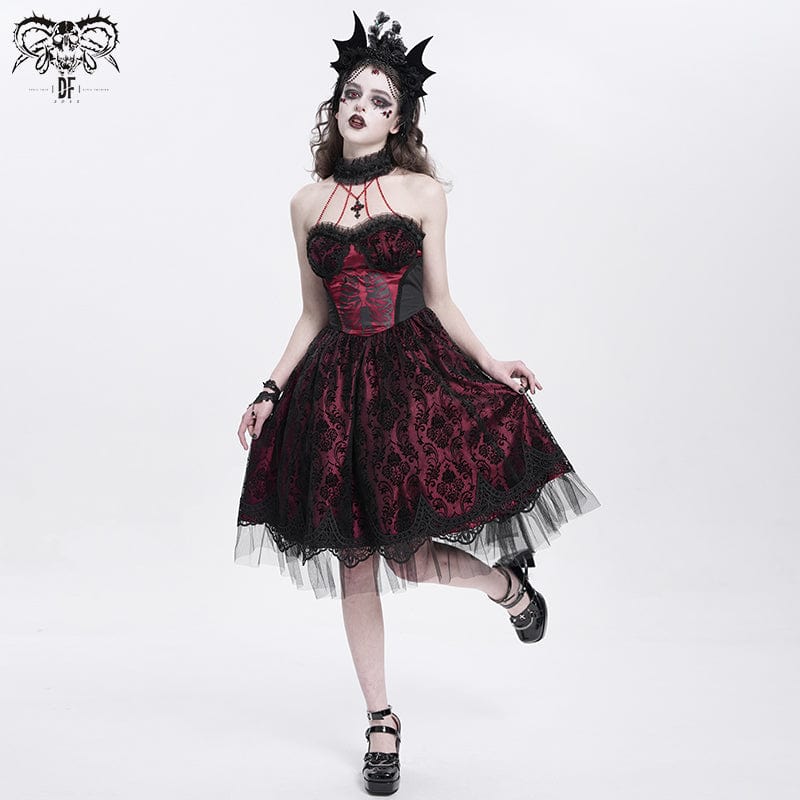DEVIL FASHION Women's Gothic Skeleton Printed Lace Splice Halterneck Witch Dress Red
