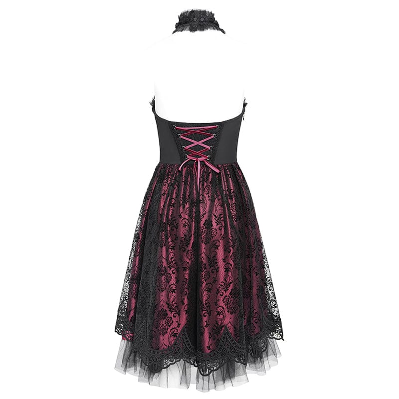 DEVIL FASHION Women's Gothic Skeleton Printed Lace Splice Halterneck Witch Dress Red