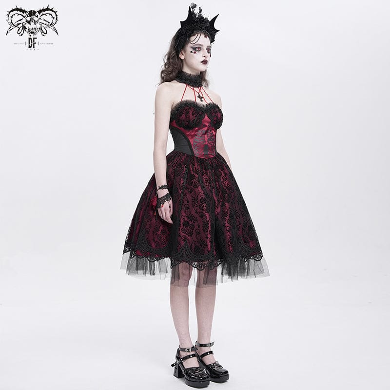 DEVIL FASHION Women's Gothic Skeleton Printed Lace Splice Halterneck Witch Dress Red